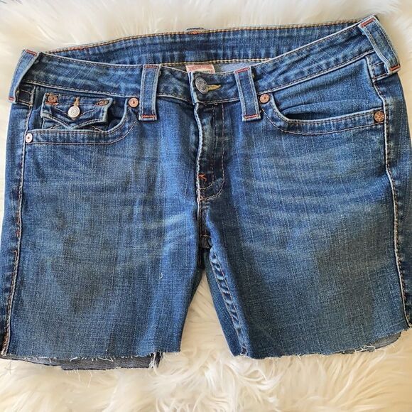 True Religion Joey Man Made Denim Cutoff Shorts - Picture 3 of 13